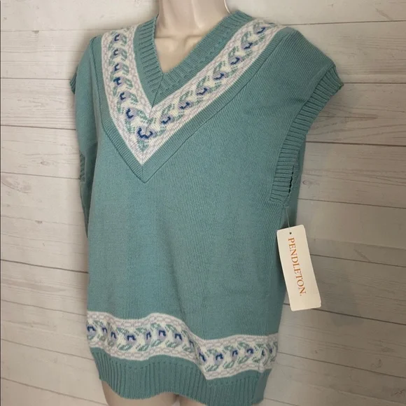 Vintage 70’s Pendleton Size Large Women's Teal V-Neck 100% Wool Sweater Vest - Picture 3 of 8